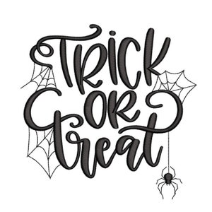 May include: Black and white illustration of the phrase "Trick or Treat" with spiderwebs and a spider hanging from one of the webs.
