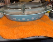Vintage Turquoise Snowflake Pattern Pyrex Lidded Divided Casserole Dish