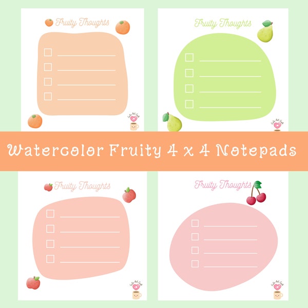 Watercolor Fruity Notepad Sheets | 4 x 4 | 10 Designs | PNG | Printable Notepads | Cute Memo Pads | Fruit | Stationery | Scrapbooking