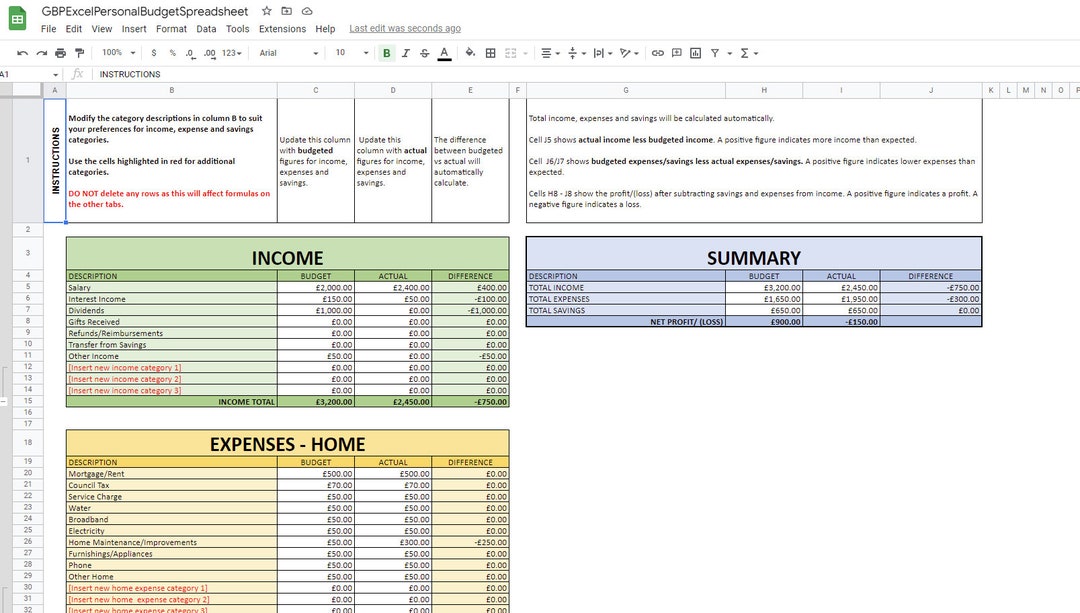 Google Sheets Personal Budget Spreadsheet / Online Budget Template