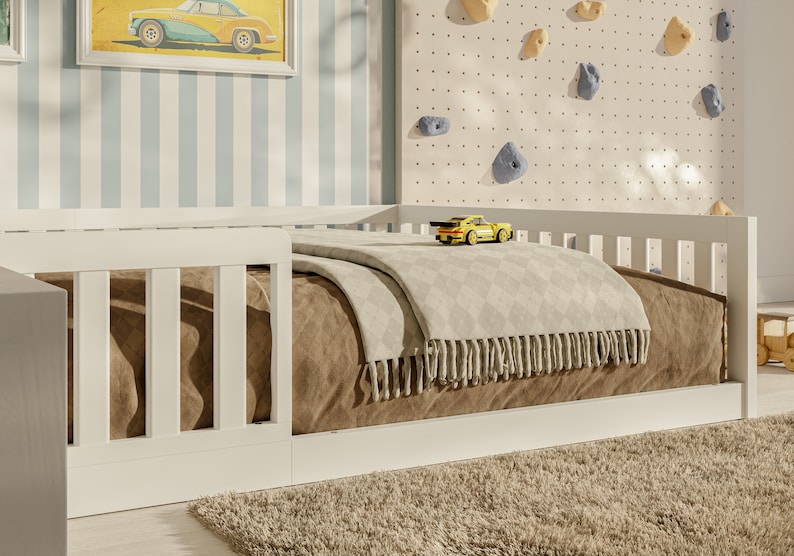 Floor Bed 90 x 200 cm Pine Wood Children's Bed with Fall Protection in White Montessori Bed Lit enfant,Letto per bambini zdjęcie 6