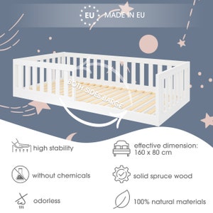 Bodenbett 90 x 200 cm, Kinderbett aus Kiefernholz mit Rausfallschutz in Weiß, Montessori-Bett, Lit enfant,Letto per bambini Bild 10