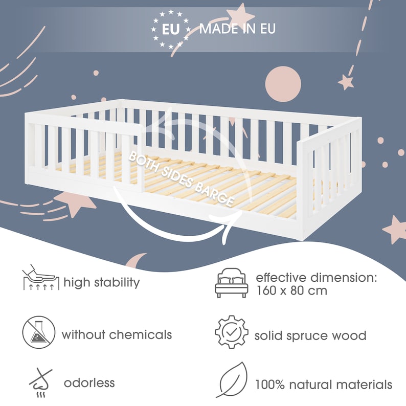 Lit au sol 90 x 200 cm Lit enfant en bois de pin avec protection antichute en blanc Lit Montessori Lit enfant,Letto per bambini image 10