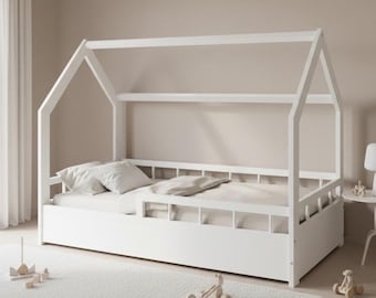 Hausbett Kinderbett mit Rausfallschutz und Lattenrost, Lettino per bambini, Letto Montessori, Lit Enfant, Letto per Bambini, Lit cabane