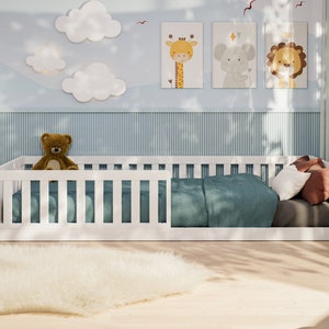 Floor Bed 90 x 200 cm Pine Wood Children's Bed with Fall Protection in White Montessori Bed Lit enfant,Letto per bambini zdjęcie 2