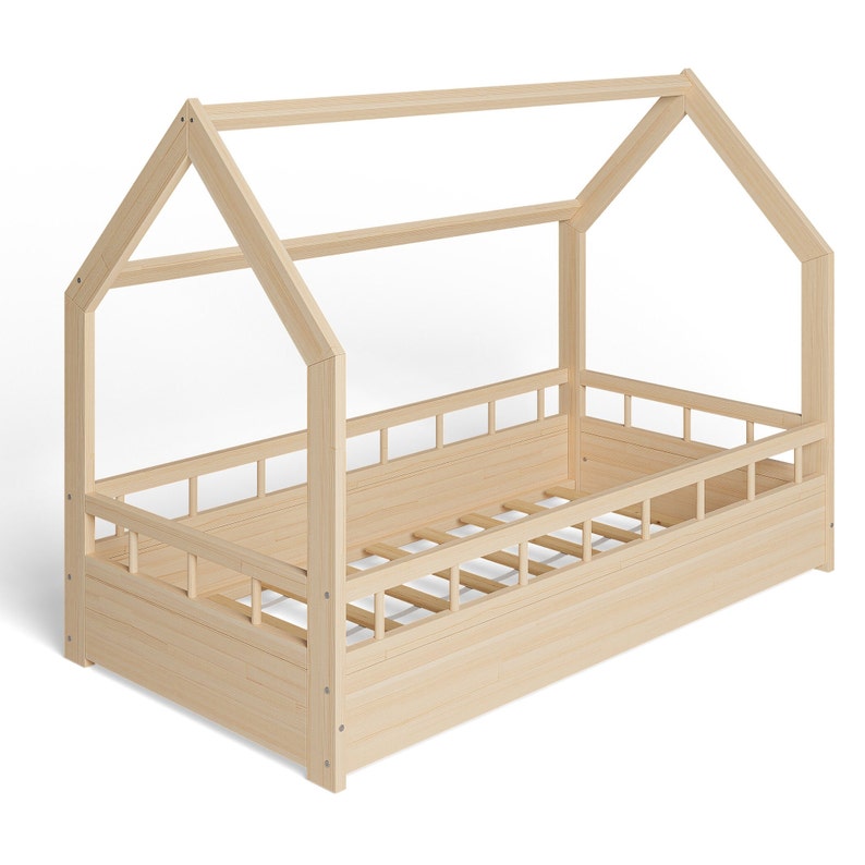 Hausbett Kinderbett mit Rausfallschutz und Lattenrost, Kinderbett, Letto Montessori, Lit Enfant, Letto per Bambini, Lit cabane naturalny