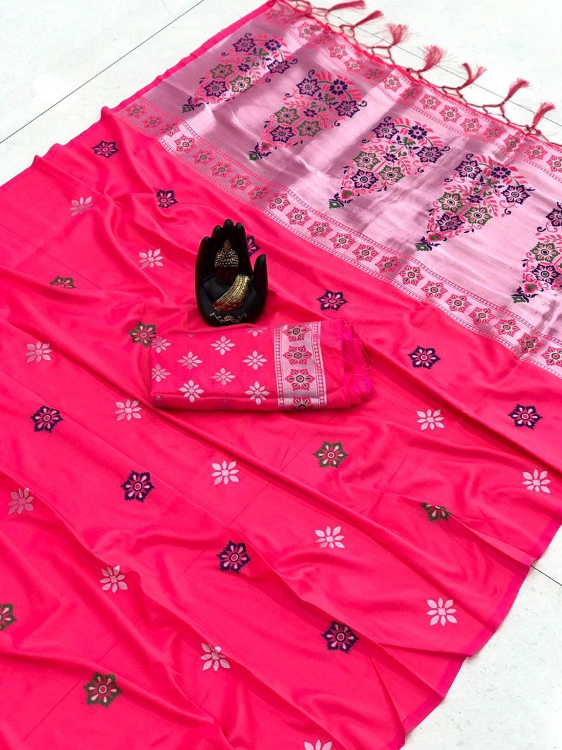 Traditional saree lichi silk weaving silver zari Attractive design Meena HEAVY Rich pallu with zalar saree sari