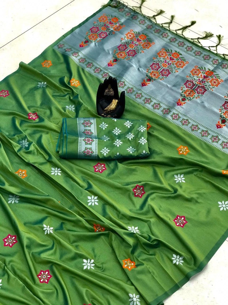 Traditional saree lichi silk weaving silver zari Attractive design Meena HEAVY Rich pallu with zalar saree sari