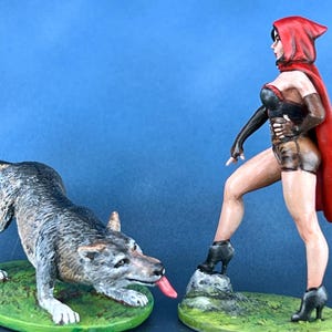Red Riding Hood Fairy Tale Character Figure and Gray Wolf - 3D Printed Desktop Statuette - Unique Decor - Tabletop Miniature