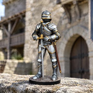 Gothic Knight Figurine in Gold Trimmed Armour - Hand Painted Resin Miniature holding Longsword - Medieval Paladin Art Sculpture
