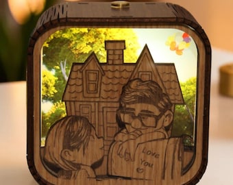UP Music Box "Married Life" Music Box 3D Light Led Theme Music Chest Wooden Engraved Handmade Vintage Gift Birthday Christmas Lamp