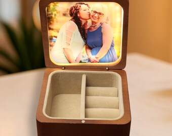 Personalized Jewelry Box with magic Photo LED Mirror, Wooden Jewelry Box, Birthday Gift for her, Bridesmaid, Wedding, Anniversary, Christmas