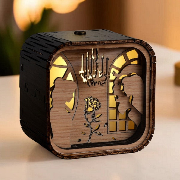 The Beauty and the Beast Music Box 3D Light Led Theme Music Wooden Engraved Handmade Vintage Custom Engraved Birthday Christmas Gift Lamp