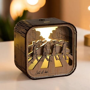 Boîte à musique 3D à LED The Beatles Let It Be, coffre à musique en bois gravé à la main, cadeau vintage, lampe d'anniversaire ou de Noël