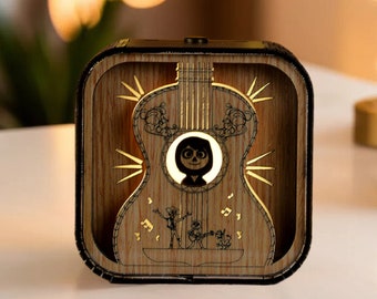 Coco-Spieluhr, 3D-Licht, LED-Musiktruhe mit „Remember Me“-Motiv, individuelle Spieluhr aus Holz, graviert, handgefertigt, Vintage-Geschenk, Lampe, Geburtstag, Weihnachten