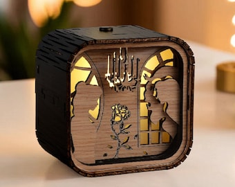 The Beauty and the Beast Music Box  3D Light Led Theme Music Wooden Engraved Handmade Vintage  Custom Engraved Birthday Christmas Gift Lamp