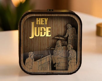 The Beatles HEY JUDE Music Box 3D Light Led Theme Music Chest Wooden Engraved Handmade Vintage Gift Birthday Christmas Lamp