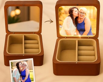 Personalized Jewelry Box with magic Photo LED Mirror, Wooden Jewelry Box, Birthday Gift for her, Bridesmaid, Wedding, Anniversary, Christmas