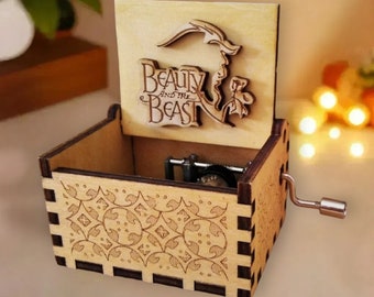 The Beauty and the Beast Music Box (3D) Theme Music Chest Wooden Engraved Handmade Vintage Gift Custom Engraved Birthday Christmas
