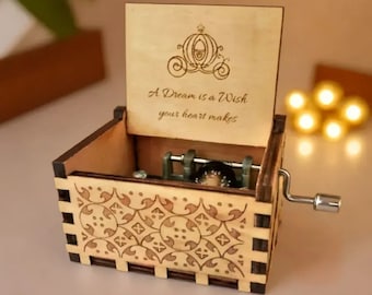 Cinderella Music Box A Dream Is a Wish Your Heart Makes Theme Music Chest Wooden Engraved Handmade Vintage Gift