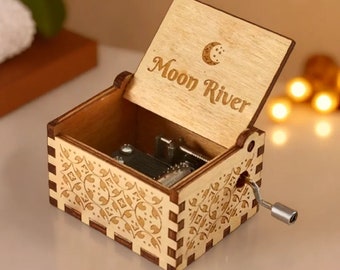 Moon River Music Box Theme Music Chest Wooden Engraved Handmade Vintage Gift Audrey Hepburn Breakfast at Tiffany's Birthday Christmas