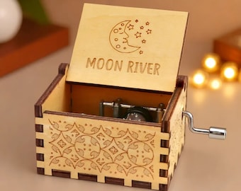 Moon River Music Box Theme Music Chest Wooden Engraved Handmade Vintage Gift Audrey Hepburn Breakfast at Tiffany's