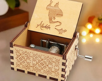 Aladdin Music Box " A Whole New World " Theme Music Chest Wooden Engraved Handmade Vintage Personalized Engraving Birthday Christmas Gift