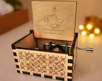 Cinderella Music Box A Dream Is a Wish Your Heart Makes Theme Music Chest Wooden Engraved Handmade Vintage Gift