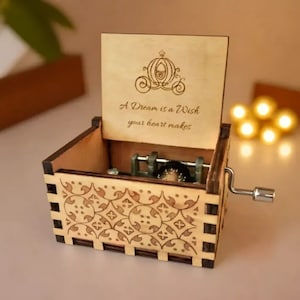 Cinderella Music Box A Dream Is a Wish Your Heart Makes Theme Music Chest Wooden Engraved Handmade Vintage Gift
