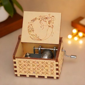 The Little Mermaid Music Box &#39; Under The Sea &#39; Theme Music Chest Wooden Engraved Handmade Vintage Gift