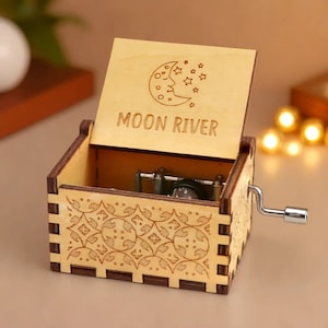 Moon River Music Box Theme Music Chest Wooden Engraved Handmade Vintage Gift Audrey Hepburn Breakfast at Tiffany&#39;s