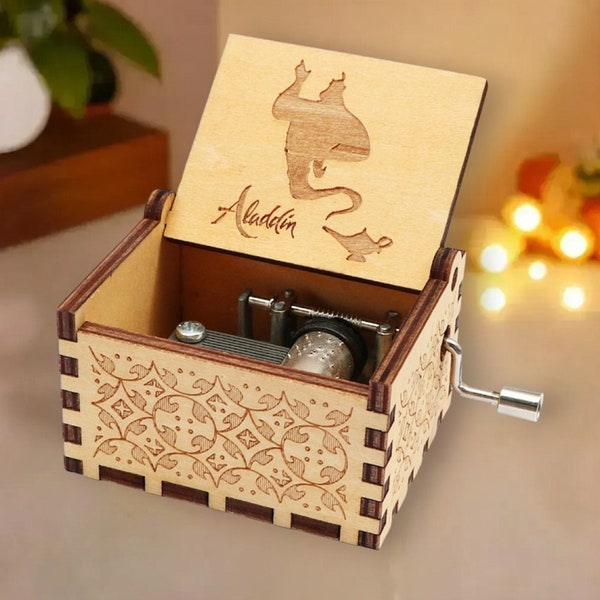Aladdin Music Box " A Whole New World " Theme Music Chest Wooden Engraved Handmade Vintage Personalized Engraving Birthday Christmas Gift