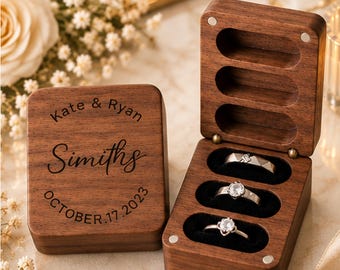 Personalized Engraved Wooden Ring Box, 3 Ring Slots, Custom Wedding Ring Bearer Holder, Engagement Ring Box, Anniversary Gift for Couples