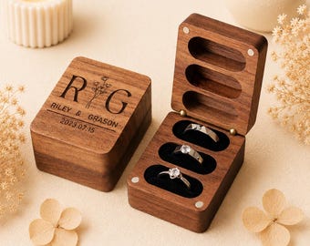 Wooden Ring Box with Name, Personalized 3 Slot Engagement Ring Box | Custom Engraved Ring Holder for Wedding, Anniversary, Proposal