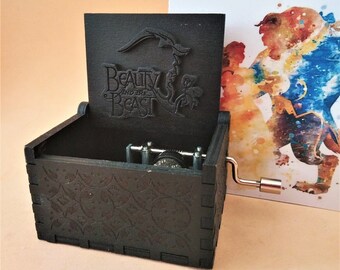 The Beauty and the Beast Music Box Theme Music Chest Wooden Engraved Handmade Vintage Gift BLACK Custom Engraved