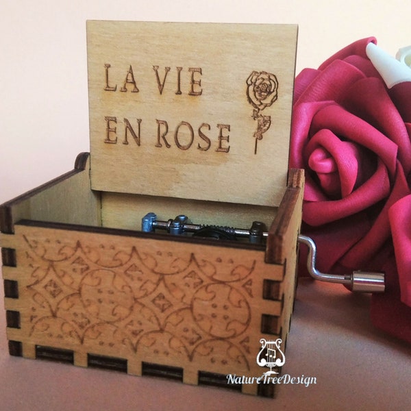 La Vie en Rose Boîte à Musique Thème Musique Coffre En Bois Gravé Fait Main Vintage Cadeau