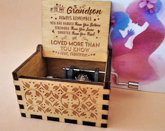 To Grandson from Grandmom Music Box Gift You Are My Sunshine Music Chest Theme Wooden Engraved Handmade Vintage Gift Birthday Anniversary