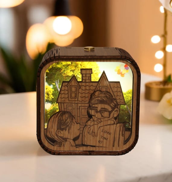 UP Music Box "Married Life" Music Box 3D Light Led Theme Music Chest Wooden Engraved Handmade Vintage Gift Birthday Christmas Lamp