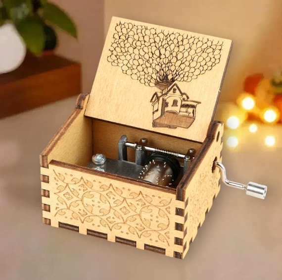 UP Music Box "Married Life" Theme Merry Christmas Music Chest Wooden Engraved Handmade Vintage Gift Birthday Christmas