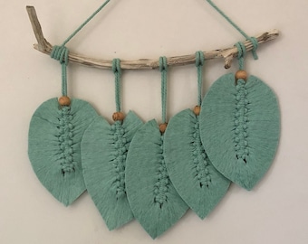 Macrame Leaves, Mint Green Macrame Feather Wall Hanging, Light Green Cotton Fiber Woven Art