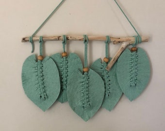 Macrame Leaves, Mint Green Macrame Feather Wall Hanging, Light Green Cotton Fiber Woven Art