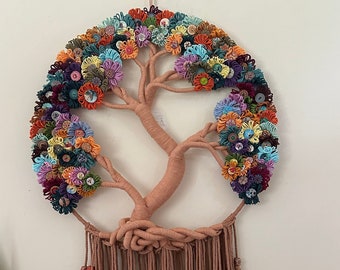 Large Tree of Life Macrame Wall Hanging with Flowers