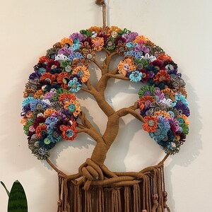 Large Tree of Life Macrame Wall Hanging with Flowers image 1