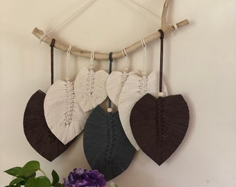 Macrame Leaves | Macrame Feathers | Boho Macrame Wall Hanging | White, Brown and Gray