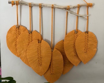 Macrame Leaves, Boho Mustard Orange Macrame Feather Wall Hanging, Bohemian Cotton Fiber Woven Art
