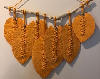 Macrame Leaves, Boho Mustard Orange Macrame Feather Wall Hanging, Bohemian Cotton Fiber Woven Art