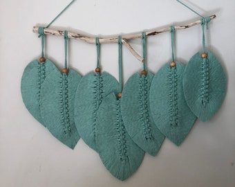 Macrame Leaves, Mint Green Macrame Feather Wall Hanging, Light Green Cotton Fiber Woven Art