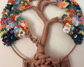 Large Tree of Life Macrame Wall Hanging with Flowers