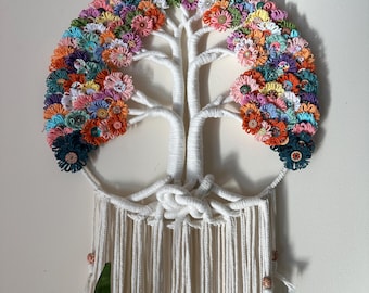 Large Tree of Life Macrame Wall Hanging with Flowers, Gift for Mom