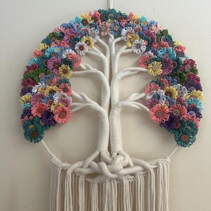 Large Tree of Life Macrame Wall Hanging with Flowers, Gift for Mom